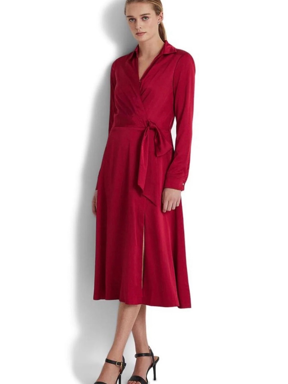 Ralph Lauren Scarlet Wrap Midi Dress with Tie Waist